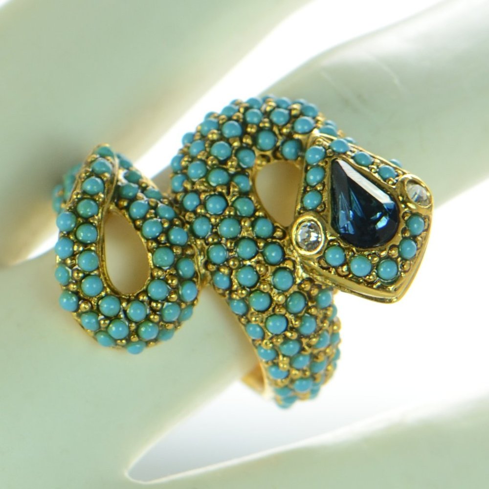 Kenneth Jay Lane KJL Turquoise & Crystals Snake Ring